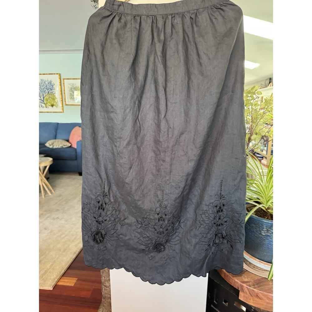 Jenna 100% Linen Black Skirt embroidered w 3d flowers Cottagecore Elegant sz 12